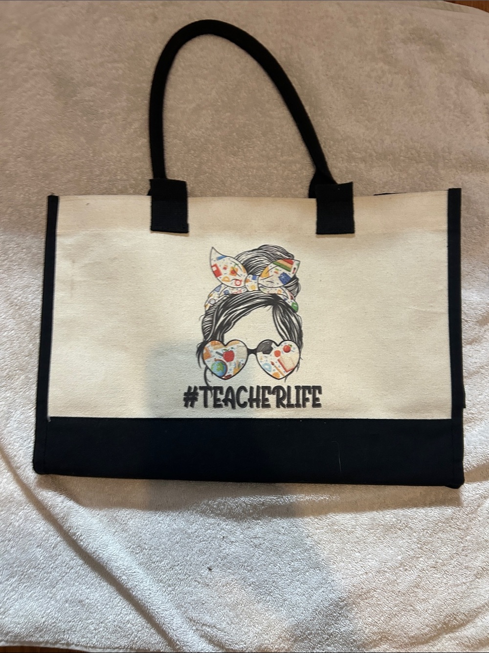 Canvas Teacher Tote Bag in Cream and Black